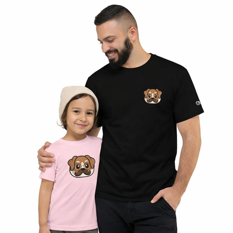 Dad wearing Black DOG Legacy chest-logo t-shirt standing with daughter wearing Pink DOG Next-Gen oversized-logo t-shirt - Matching Parent and Toddler Set
